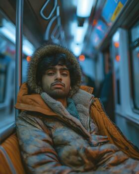An Indian-american Man Sits Silently on a Subway Seat, Deep in Thought and Experiencing Sadness in the Evening photo