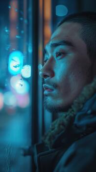 A Man Looks Pensively Through a Window During a Rainy Evening, Illuminated by Colorful City Lights photo
