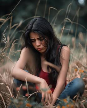 A Hispanic Woman Sits Alone in a Grassy Field, Reflecting Her Sadness and Introspection in the Afternoon photo
