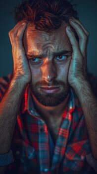 A White Man Shows Signs of Distress With His Hands on His Head, Reflecting Deep Sadness in a Low-light Setting photo