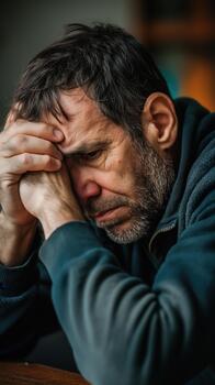 A Worried White Man Rests His Head on His Hands, Showing Deep Sadness in a Peaceful Setting photo