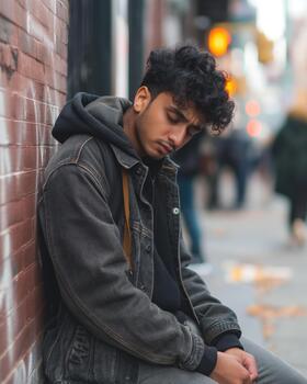 An Indian-american Man Sits on a City Sidewalk, Looking Down With a Wistful Expression as Leaves Fall Around Him photo