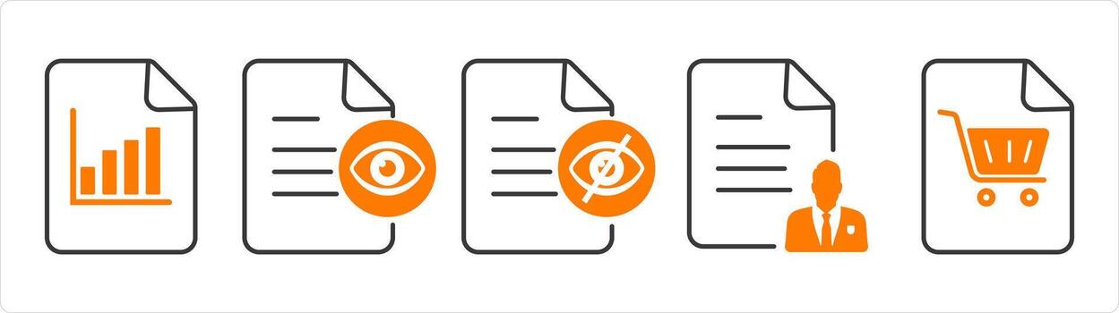 A set of 5 document icons as graph page, view document, invisible document vector