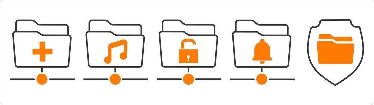 un conjunto de 5 5 documento íconos como crear carpeta, música carpeta, carpeta proteccion vector