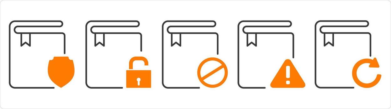 A set of 5 document icons as question book, book maintenance, synchronize book vector
