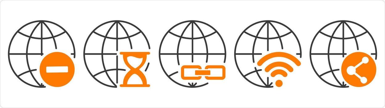A set of 5 internet icons as remove globe, global hourglass, link global vector