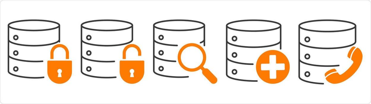 A set of 5 internet icons as server security, global search, add search vector