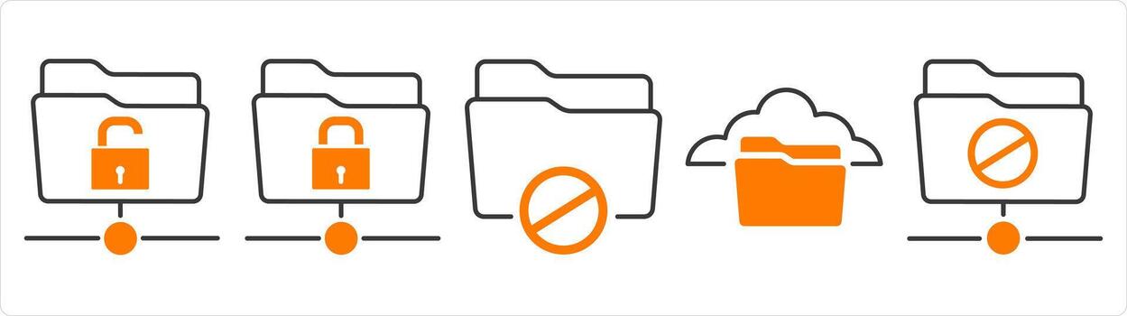 A set of 5 document icons as folder protection, folder prohibited, cloud folder vector