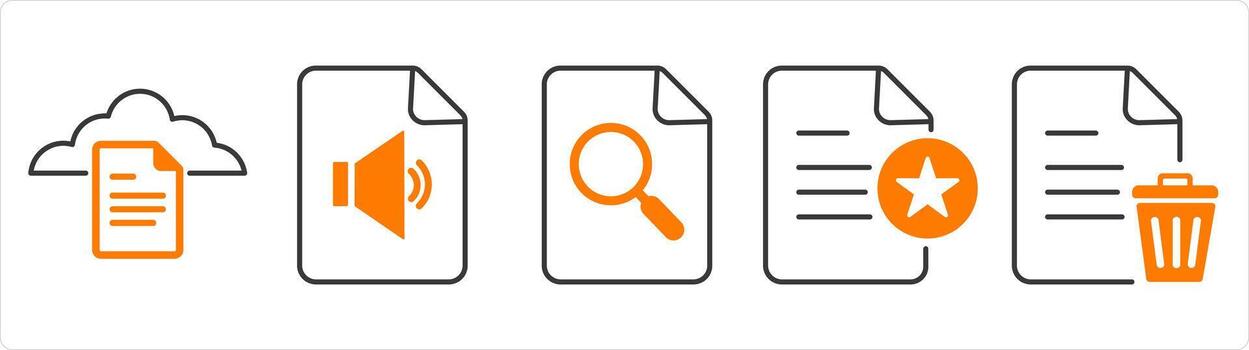 A set of 5 document icons as cloud document, audio file, search page vector