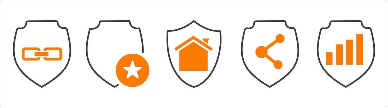 A set of 5 internet icons as link security, favorite shield, home security vector