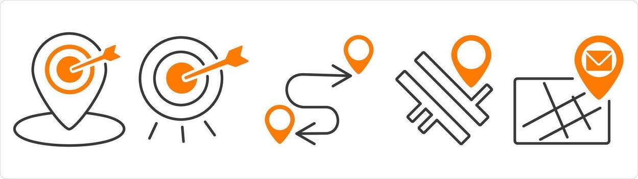 A set of 5 business icon as target location, target dartboard, route map vector
