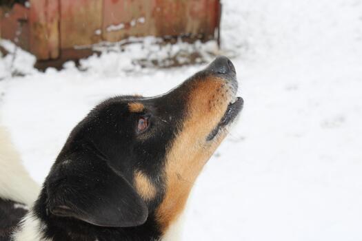 Dog looking up in a snowy backyard, enjoying the winter weather during a cloudy day with snow-covered ground photo