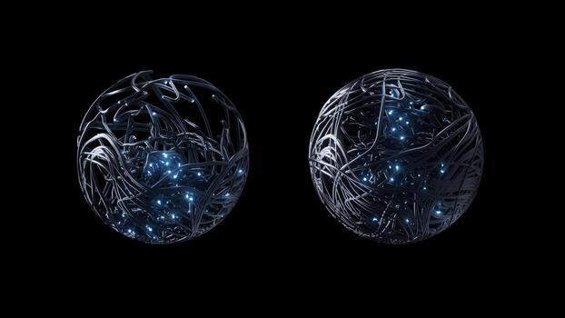Two illuminated globes on dark background symbolize network redundancy and unity photo