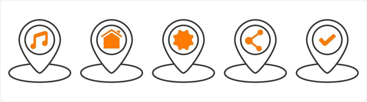 A set of 5 business icons as music location, home location, location setting vector