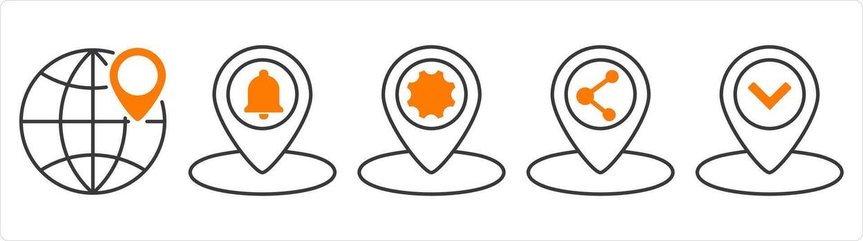 A set of 5 business icons as global location, location notification, location setting vector