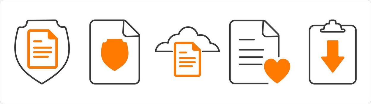 A set of 5 document icons as document security, cloud document, favorite page vector