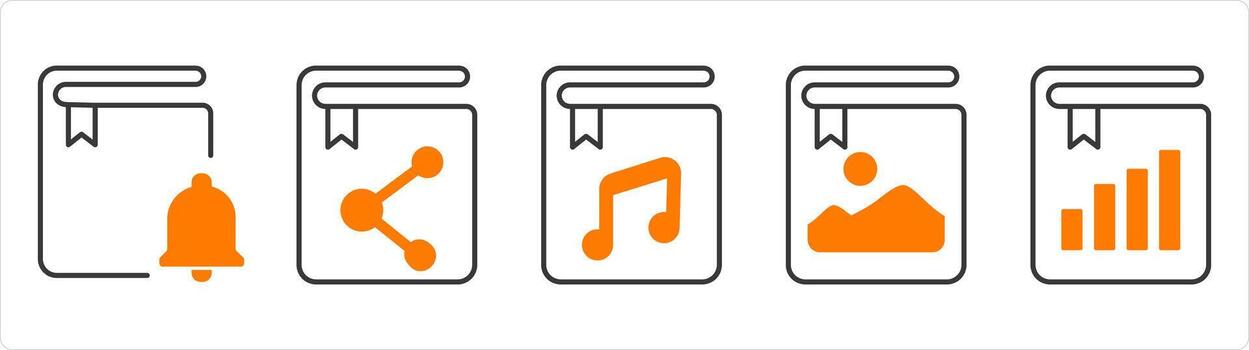 A set of 5 document icons as book notification, share book, music book vector