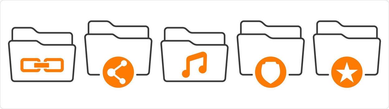 A set of 5 document icons as link folder, share folder, music folder vector
