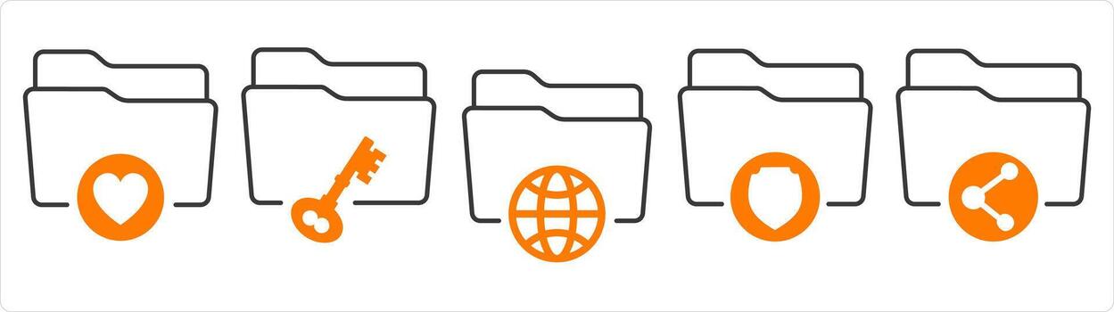 A set of 5 document icons as favorite folder, folder security, international folder vector