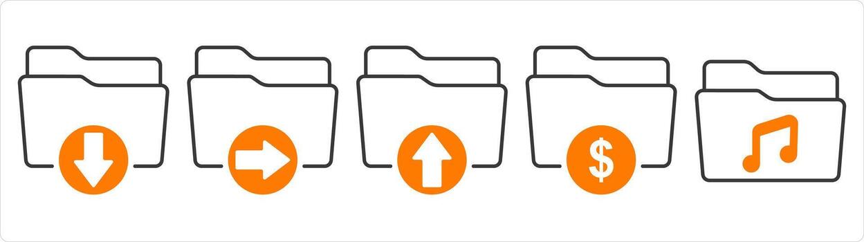 un conjunto de 5 5 documento íconos como descargar carpeta, enviar carpeta en naranja vector