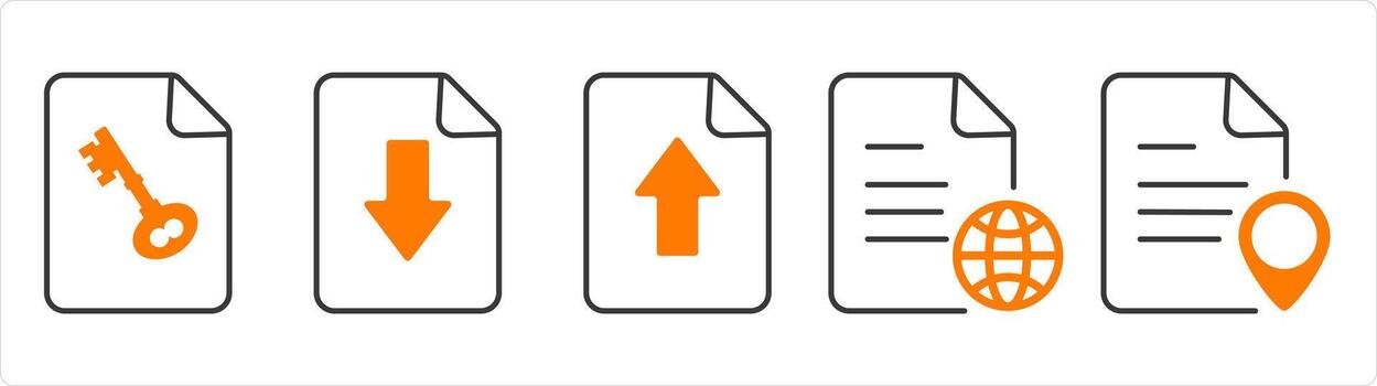 A set of 5 document icons as page security, download page, upload page vector