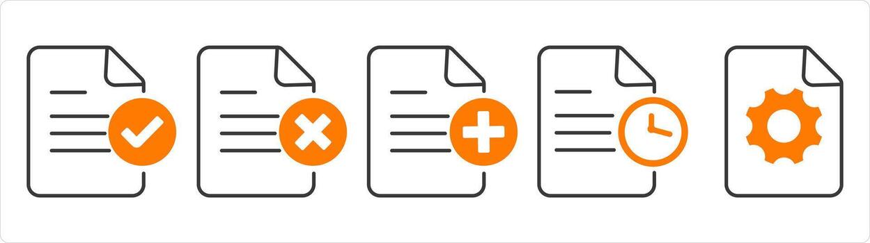 A set of 5 document icons as approved document, wrong page, create page vector