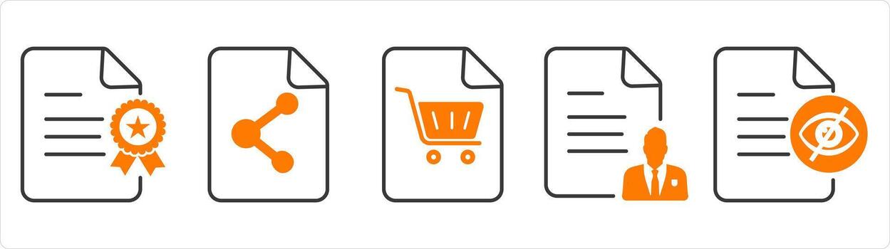A set of 5 document icons as certificate, share document, shopping list vector