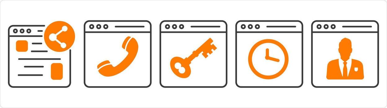 un conjunto de 5 5 Internet íconos como compartir Página web, en línea llamar, página web proteccion vector