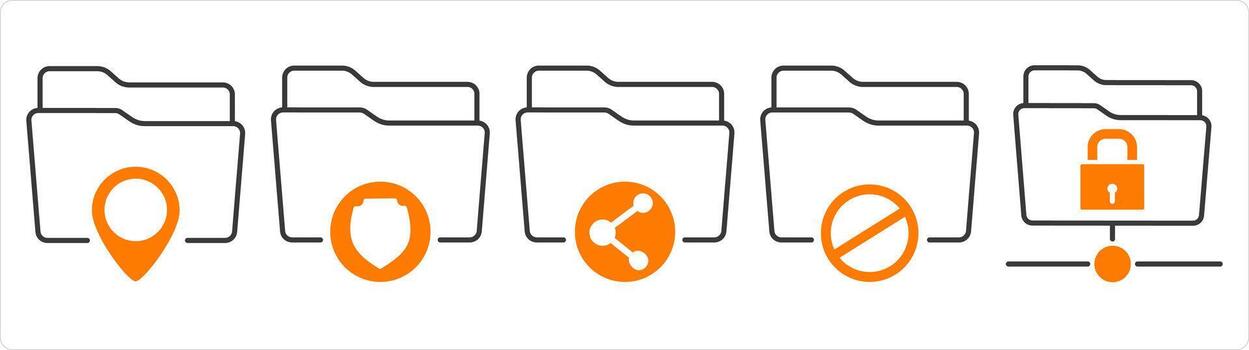 A set of 5 document icons as folder location, folder security, share folder vector