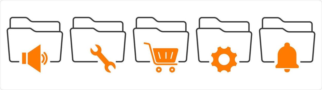 un conjunto de 5 5 documento íconos como audio carpeta, carpeta configuración, compras carpeta vector