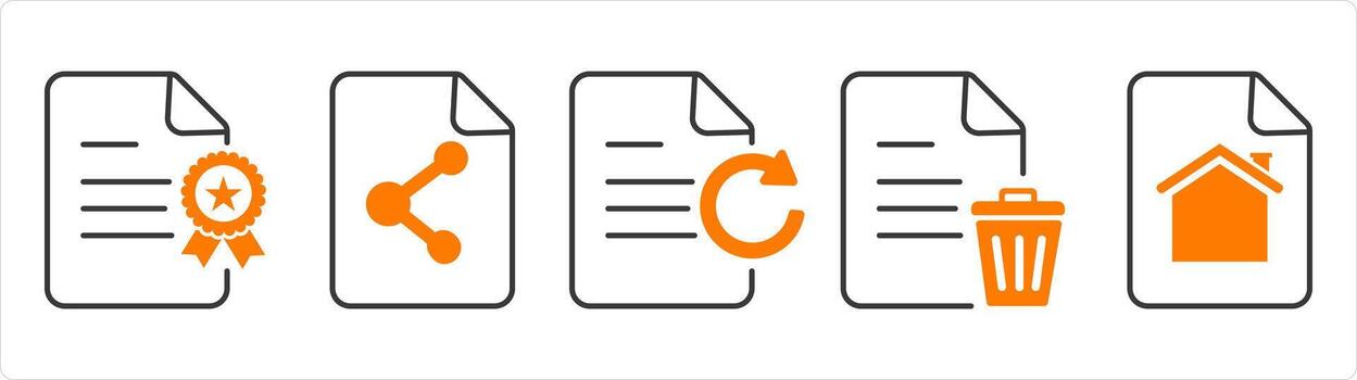 A set of 5 document icons as certificate, share document, update document vector