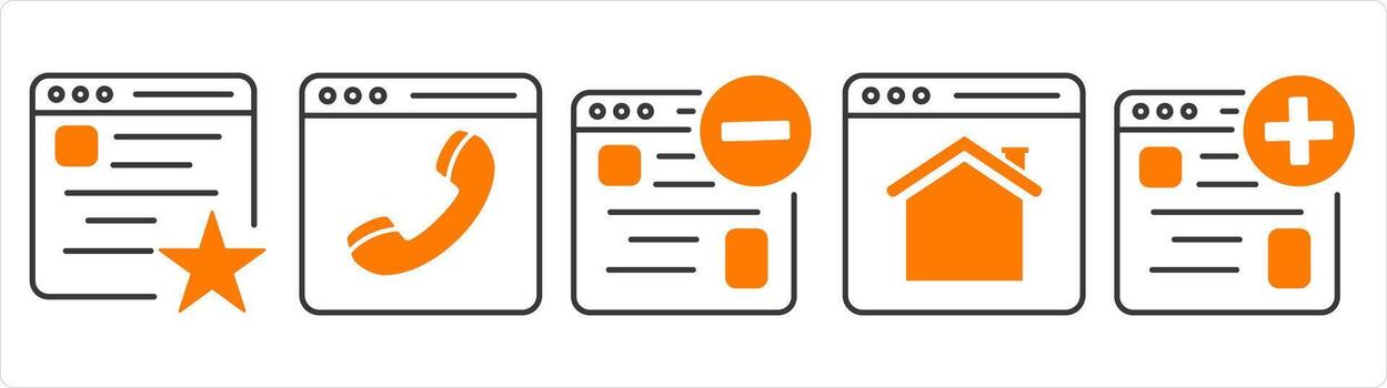 un conjunto de 5 5 Internet íconos como favorito Página web, en línea llamar, eliminar página web vector