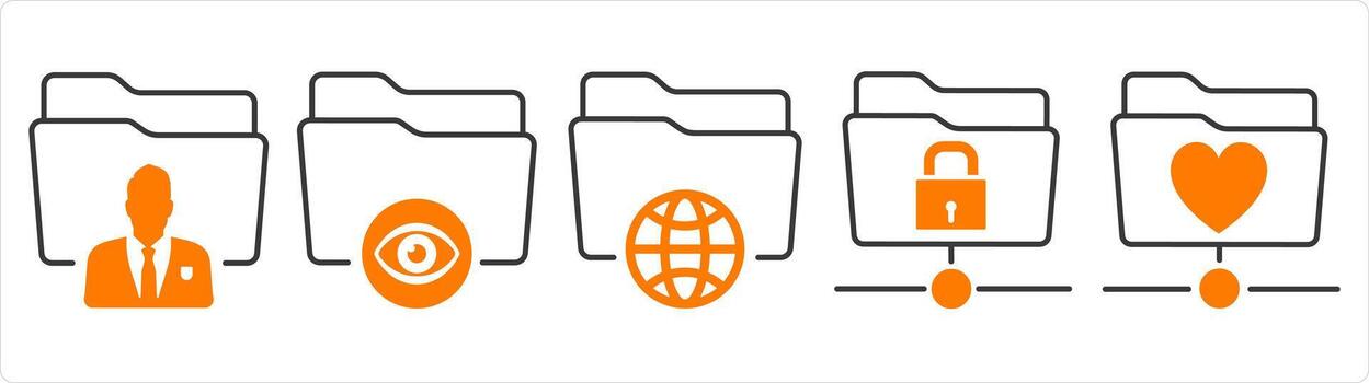 A set of 5 document icons as private folder, view folder, international folder vector