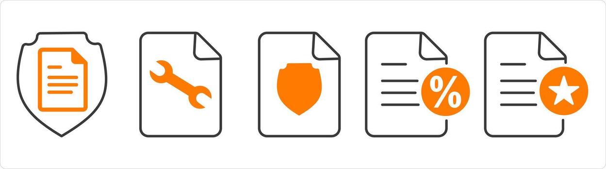 A set of 5 document icons as document security, page setting, promissory note vector