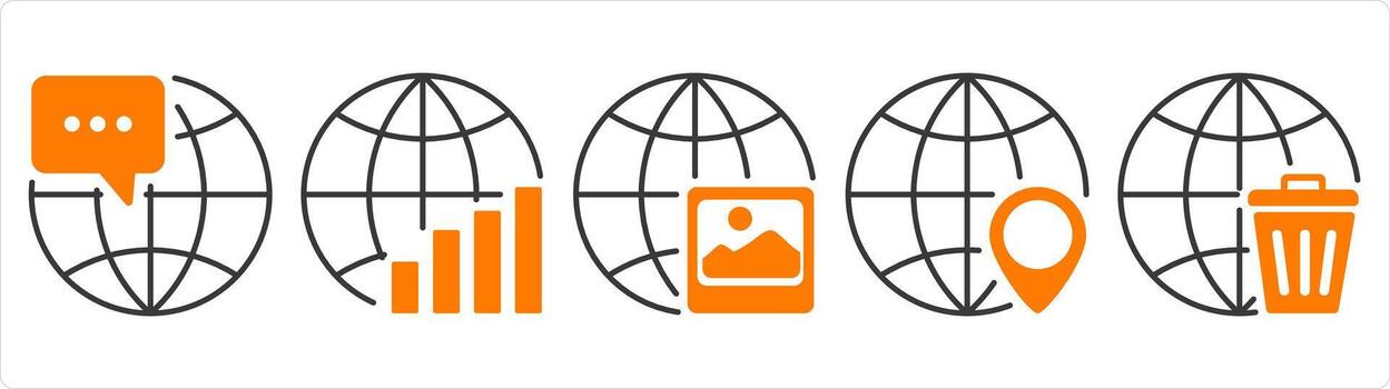 A set of 5 internet icons as global message, global statistics, global image vector