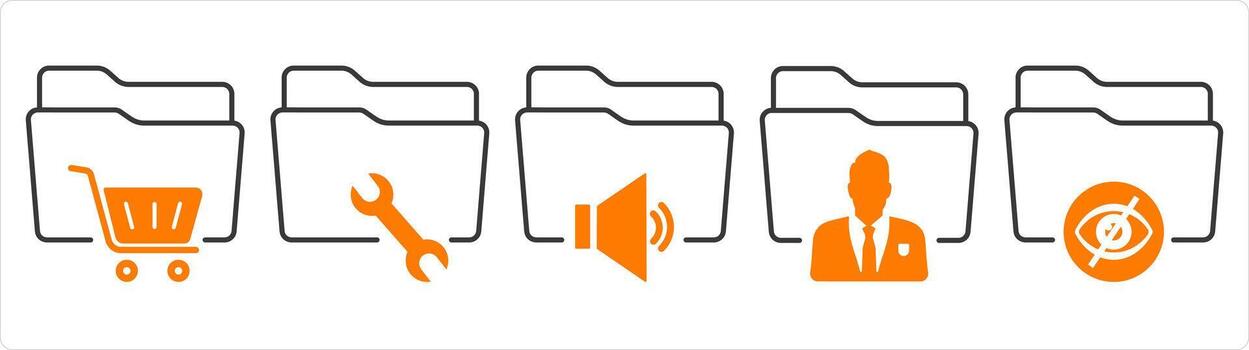 A set of 5 document icons as shopping folder, folder setting, audio folder vector
