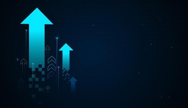 The digital arrow points upward, illustrating positive financial trends and the power of fintech innovation. The high-tech background emphasizes market acceleration vector