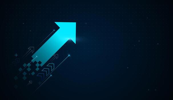 A bright upward arrow emerges from digital blocks, representing financial expansion through technology. used for rising data analytics, economic improvement, and smart growth vector