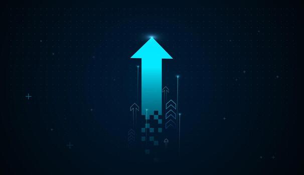 A Technology glowing digital arrow rises upward, symbolizing strong financial growth and technological advancement. The futuristic blue tones and pixel elements vector