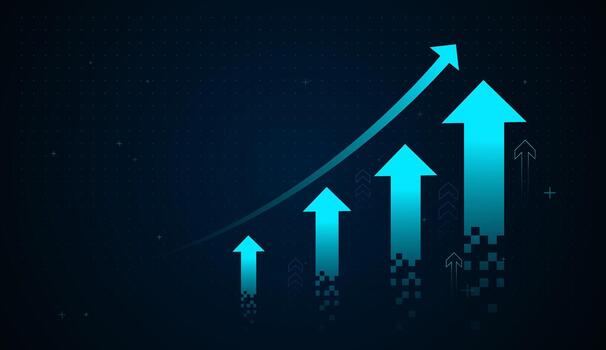 A series of glowing digital arrows rises alongside a curved growth line, symbolizing strong financial performance and data-driven market acceleration. Pixel elements vector