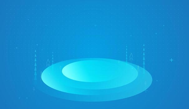 A smooth glowing circular platform sits at the center of a blue digital background, surrounded by faint rising arrows and dotted grid patterns. The abstract design vector
