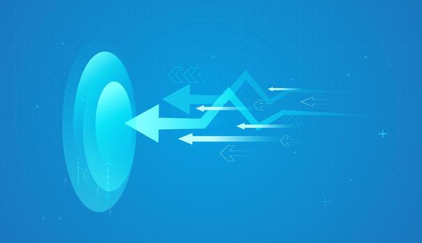 A futuristic backward arrows emerges from pixel blocks, illustrating financial progress and the rapid advancement of digital technology. Glowing digital arrows rises backward vector