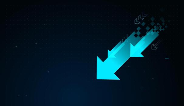 A futuristic falling down arrows emerges from pixel blocks, illustrating financial progress and the rapid advancement of digital technology. moving down arrows concepts vector