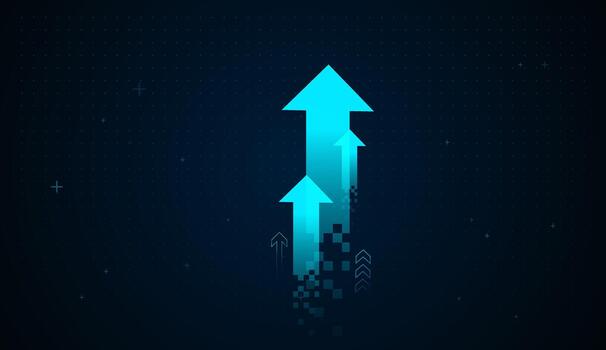 A set of glowing digital arrows rises upward, symbolizing strong financial growth powered by modern technology. Pixel elements highlight data analytics and innovation. vector