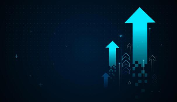 A ne-on blue arrow ascends from pixelated data, capturing the concept of financial growth driven by digital transformation. and illustration Arrows vector