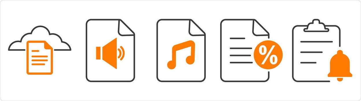 A set of 5 document icons as cloud document, audio file, music file vector