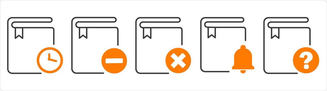 A set of 5 document icons as study on time, remove book, wrong book vector