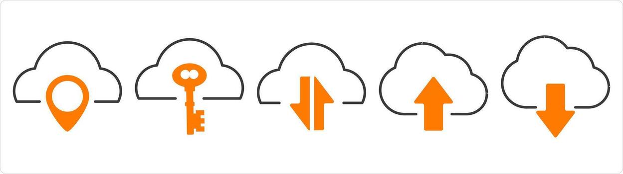 A set of 5 internet icons as cloud location, cloud security, synchronize cloud vector