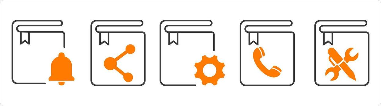 A set of 5 document icons as book notification, share book, book setting vector