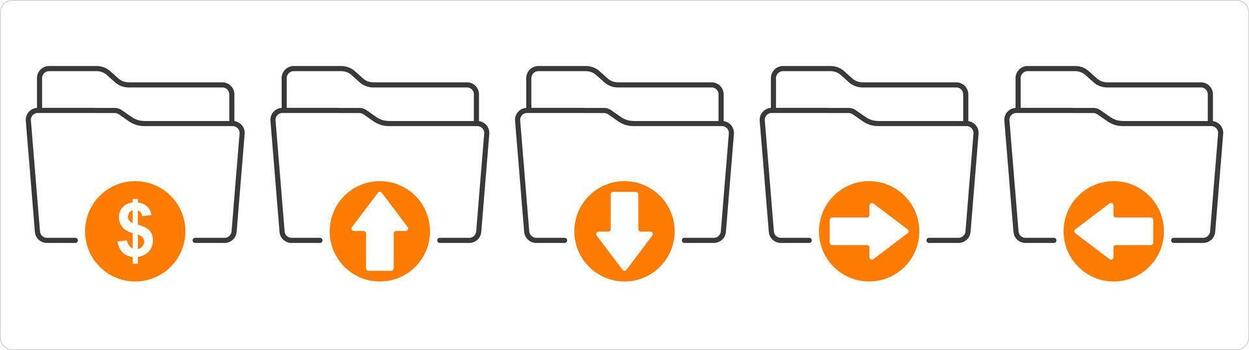 A set of 5 document icons as finance folder, upload folder, download folder vector